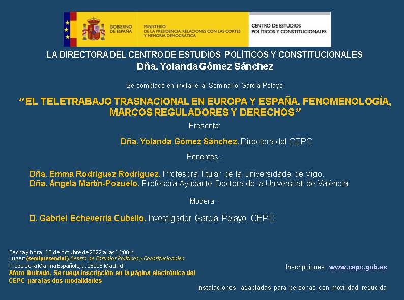 Seminario García-Pelayo “El teletrabajo trasnacional en Europa y España. Fenomenología, marcos reguladores y derechos” 