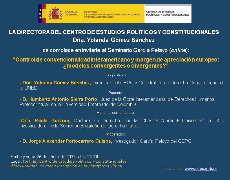 Invitación Seminario García Pelayo (online): “Control de convencionalidad interamericano y margen de apreciación europeo: ¿modelos convergentes o divergentes?”